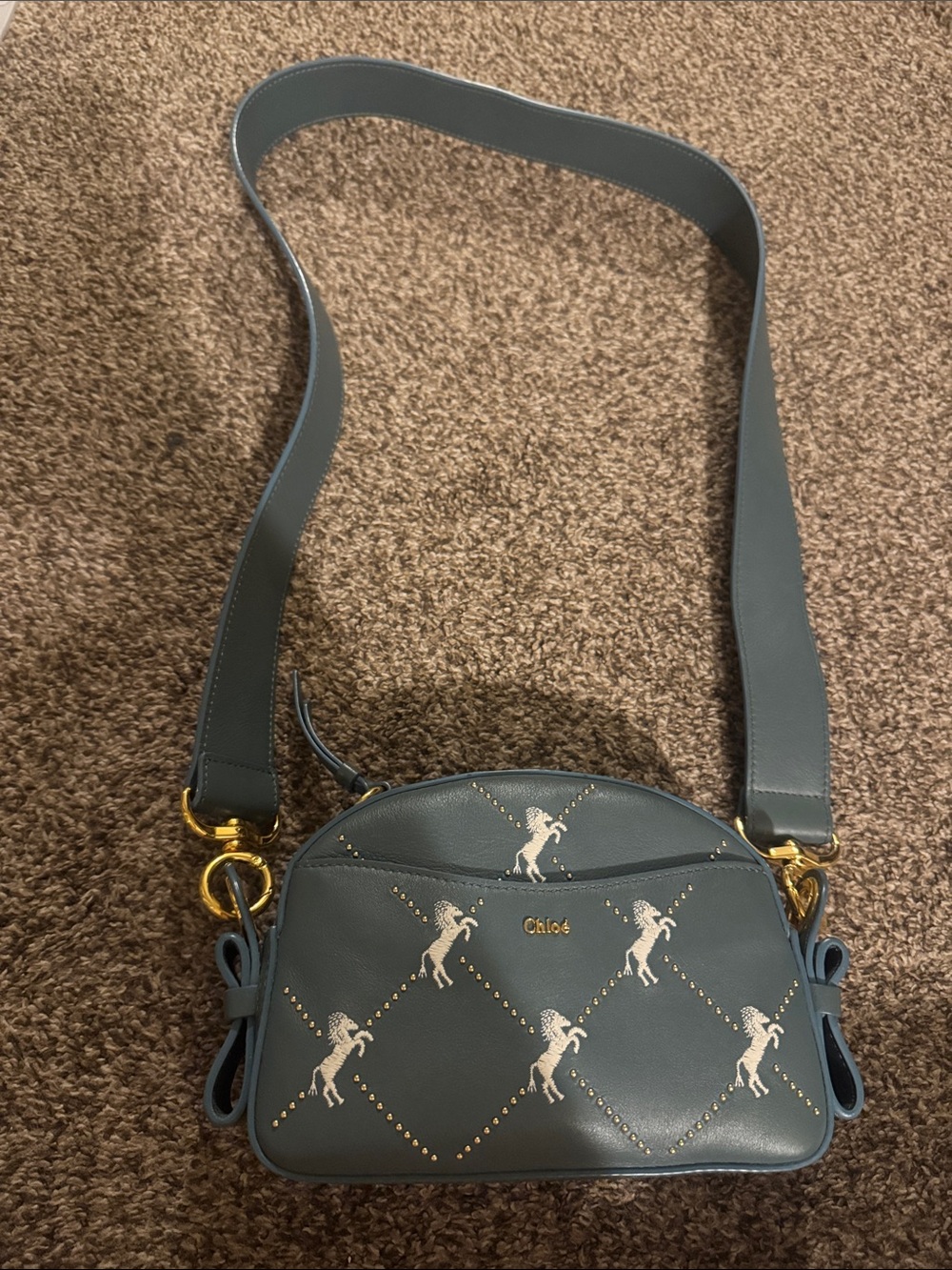 Chloé Blue Leather Crossbody with Embossed Horse Motif and Gold Hardware